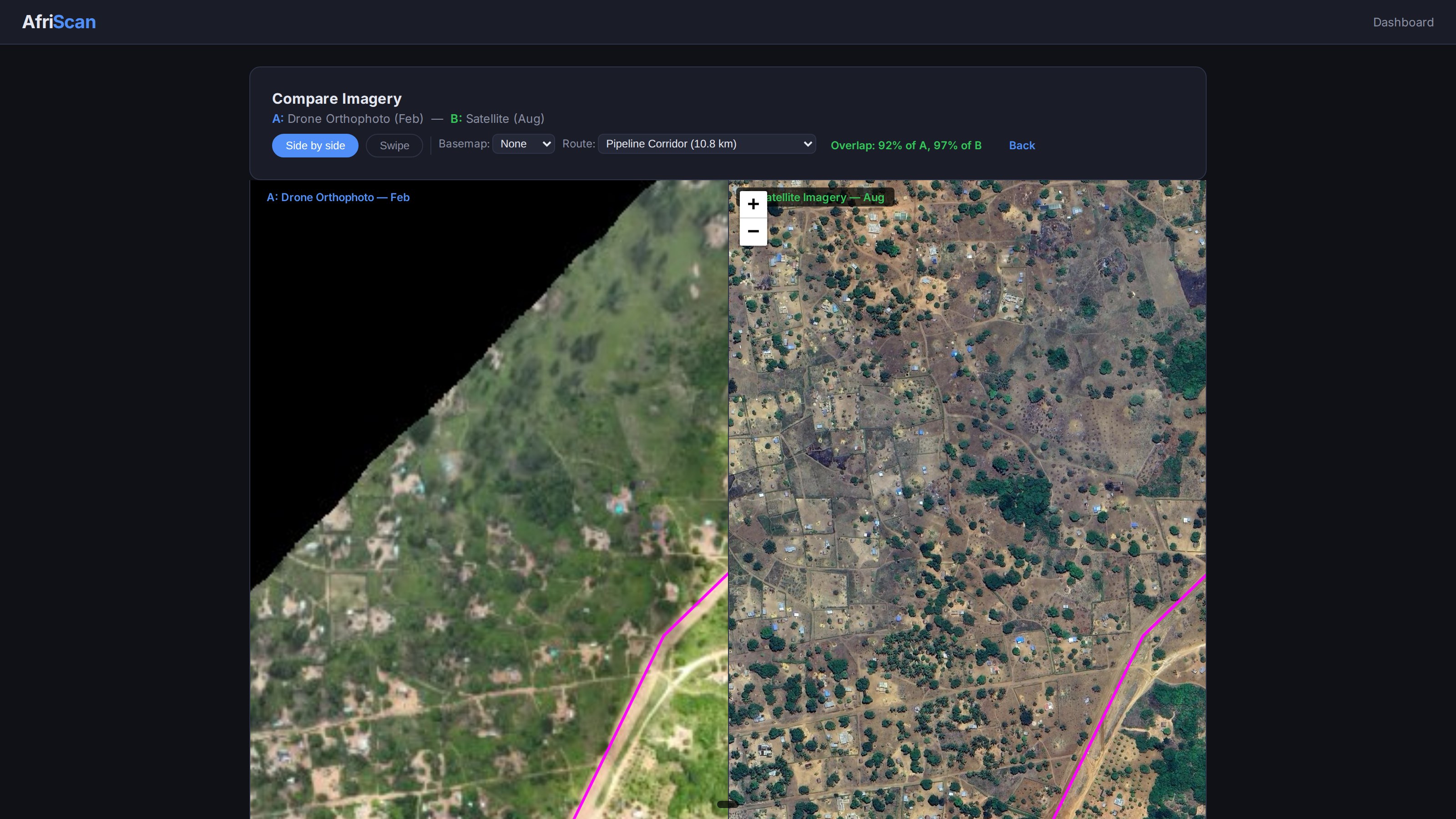 Side-by-side comparison of drone orthophoto and satellite imagery along a pipeline corridor in Mozambique