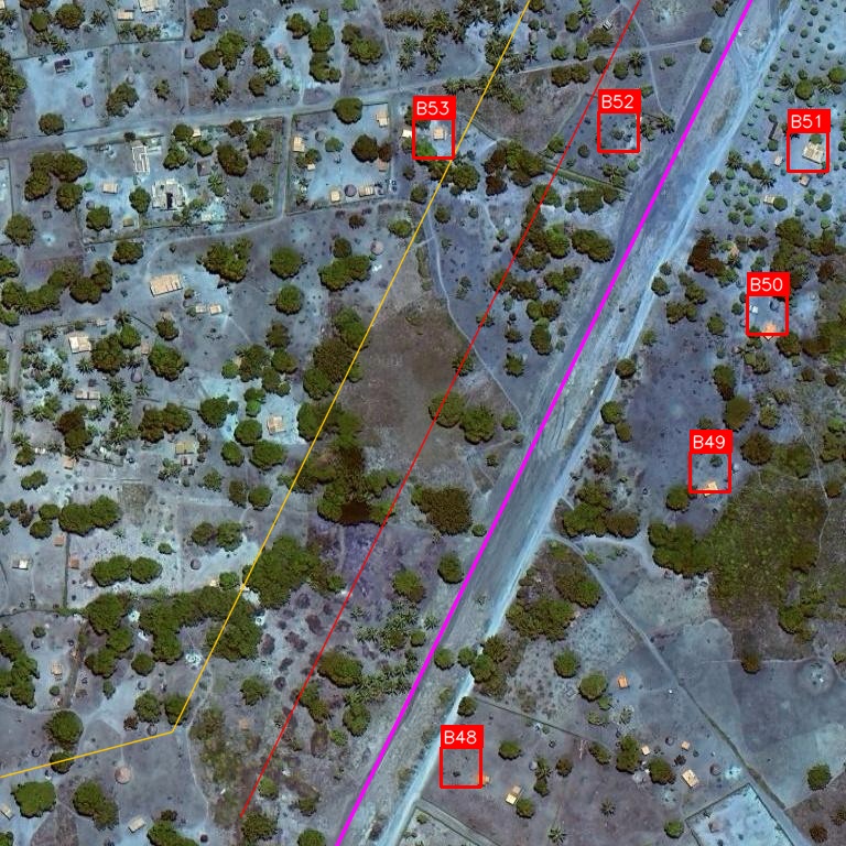 6 buildings detected with ID labels along a pipeline corridor in Mozambique