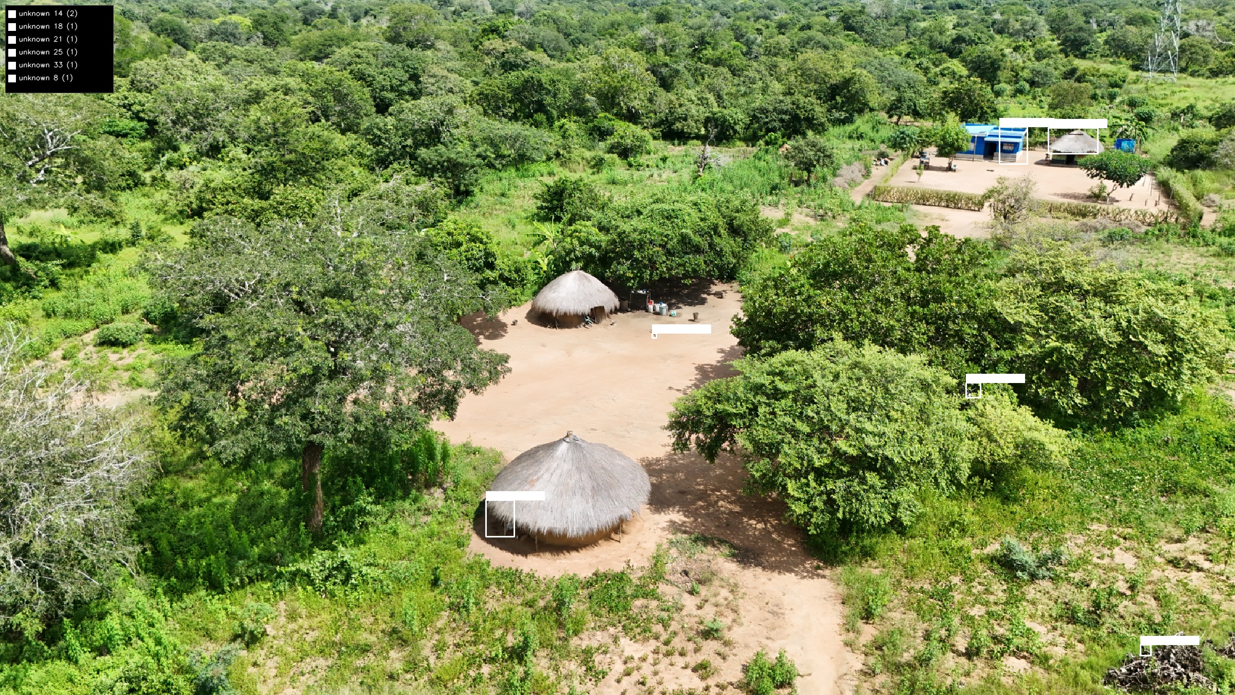 Drone image detecting thatched huts in Mozambique bush