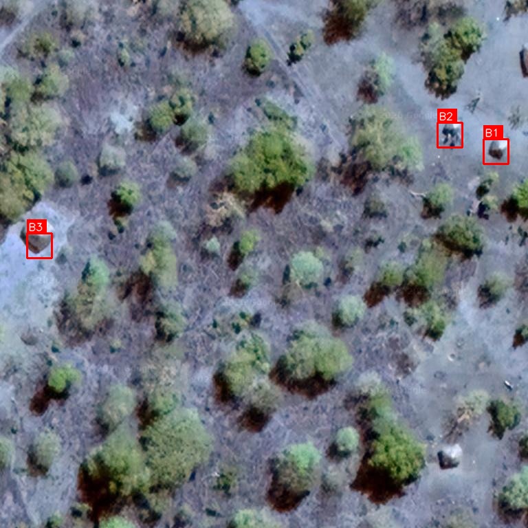 Buildings detected with red bounding boxes near pipeline route