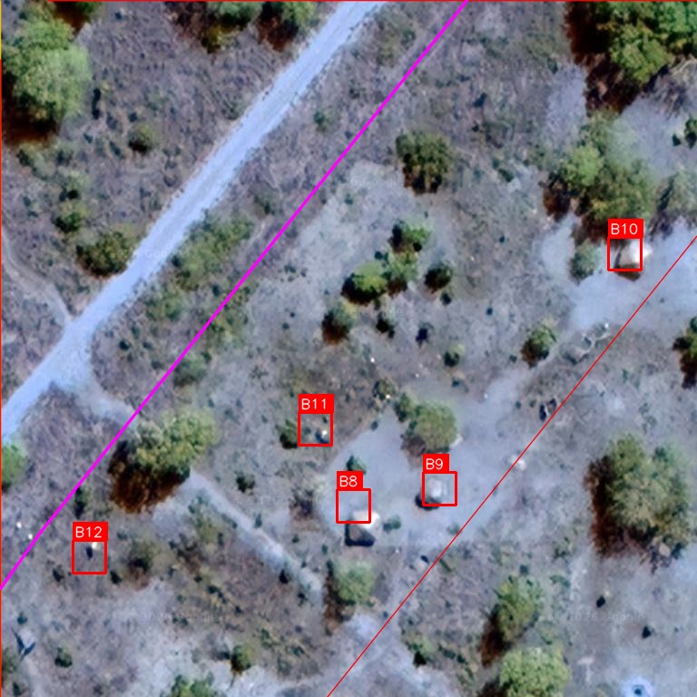 5 buildings detected with ID labels along Mozambique pipeline corridor